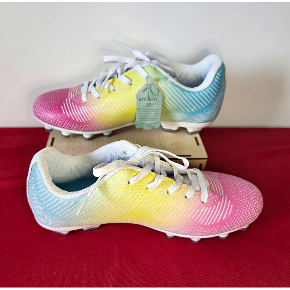 NWOB Brava Exempt 2.0 Girls Soccer Cleats Size 3.5D Rainbow Pastel Pink Yellow